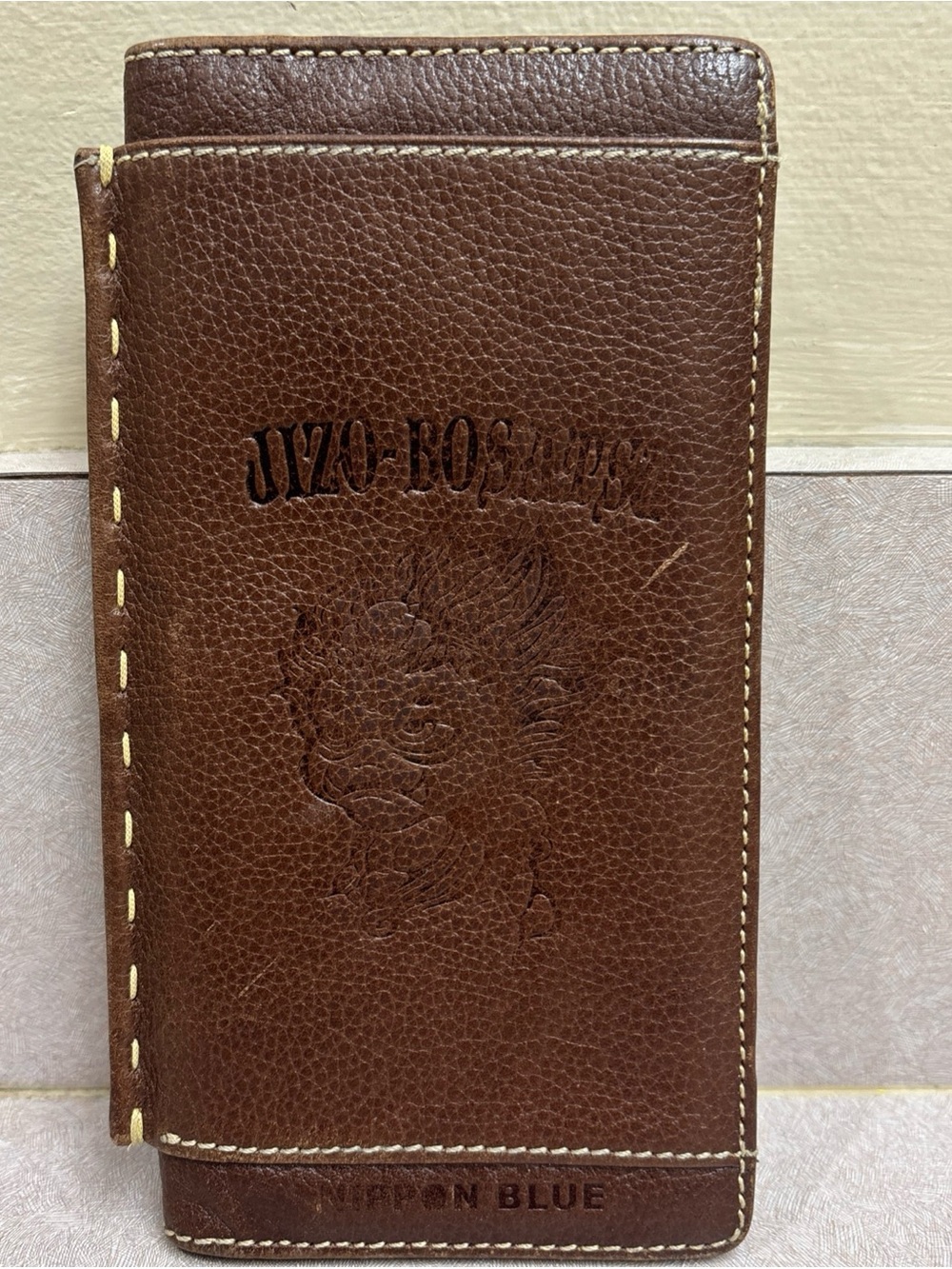 Jizo Bosatsu Nippon Blue Japanese Long Slim Brown Leather Wallet W Zipper Pouch